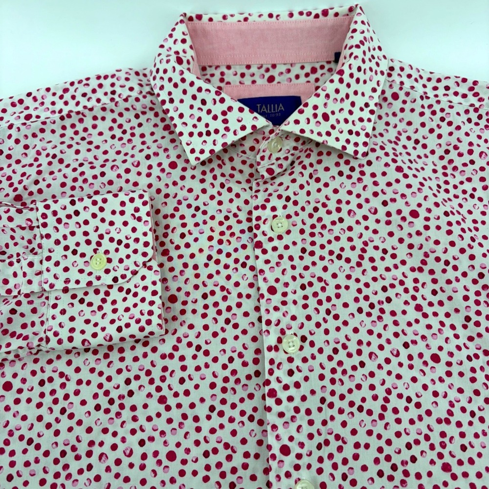 Tallia Mens Large White Magenta Pink Polka Dot Cotton Button Up Shirt 16.5 L